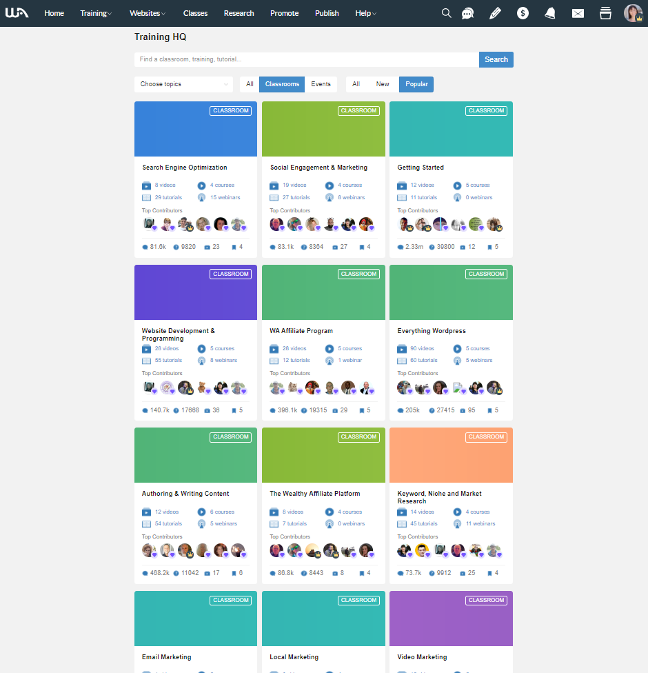 Wealthy Affiliate Review - image of various online classes offered